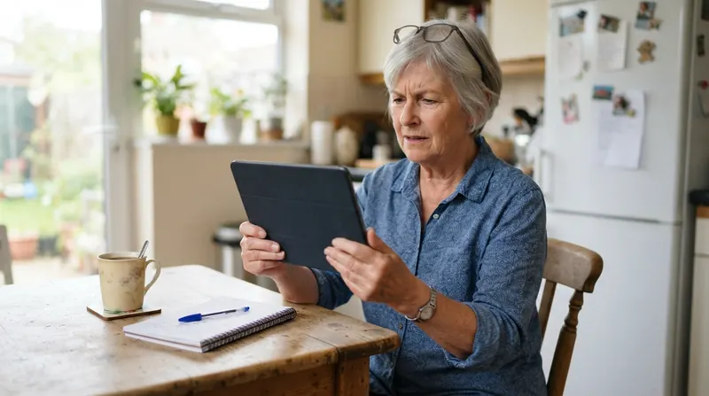 An older woman's hands holding a tablet at arm's length in a kitchen, squinting at it, reading glasses pushed up on her head