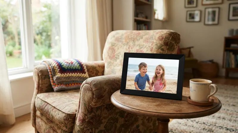 A small black digital photo frame on a side table next to a floral armchair by a window, showing a color photo of two smiling children