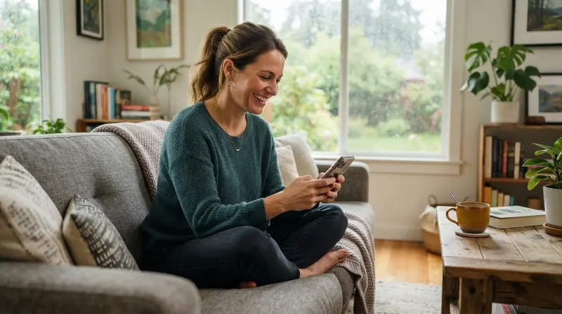 A woman in her forties smiling at her smartphone on a couch by a rainy window in a Portland living room