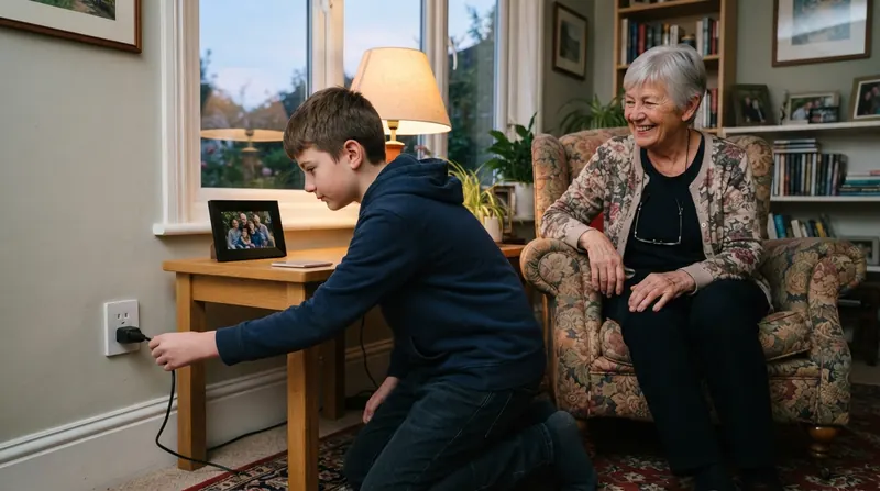 A teenage boy kneeling by a wooden side table plugging the power cord of a small black frame into a wall outlet, his grandmother watching from an armchair