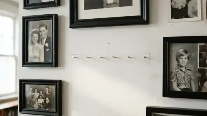 A row of six bare nails on a white wall between old black-and-white framed family photographs, with faint pencil marks beside each nail