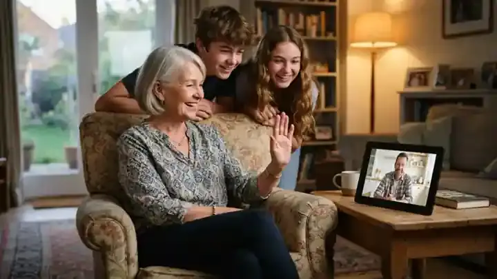 An older woman in an armchair waving at a small black frame on a side table showing a video call with a smiling man and two teenagers behind her