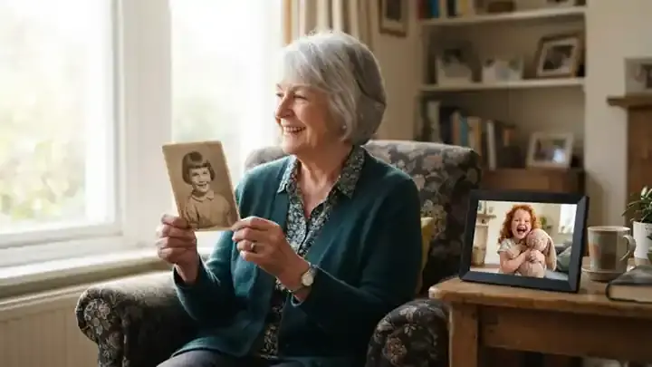 An older woman holding an old black-and-white photo up beside a small frame showing a video call with a little girl hugging a stuffed animal