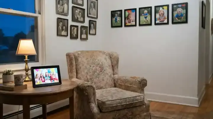 An empty floral armchair at dusk beside a side table with a small glowing frame showing a color family photo, a hallway of framed photos behind