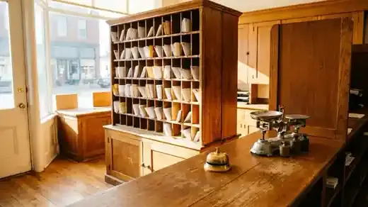 An old wooden post office sorting case with rows of small pigeonholes full of envelopes, a brass bell on the counter in morning light