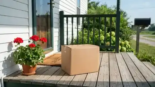 A cardboard shipping box on a small front porch beside a doormat and a potted geranium, morning sun