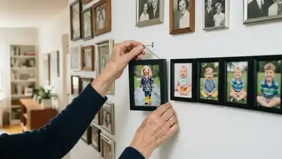 An older woman's hands hanging a small framed color photo of a smiling child on a nail in a row of new family photos on a white wall